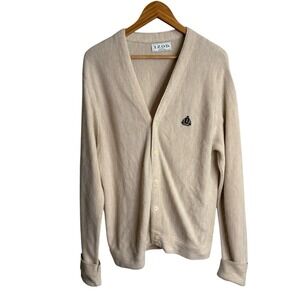 Izod Men Cardigan Sweater Medium Beige Vintage Crest Preppy Grandpa Fisherman